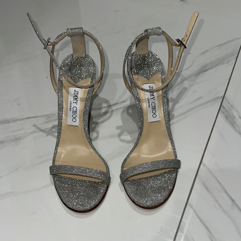 JIMMY CHOO Silver Stiletto Heels with Ankle Strap